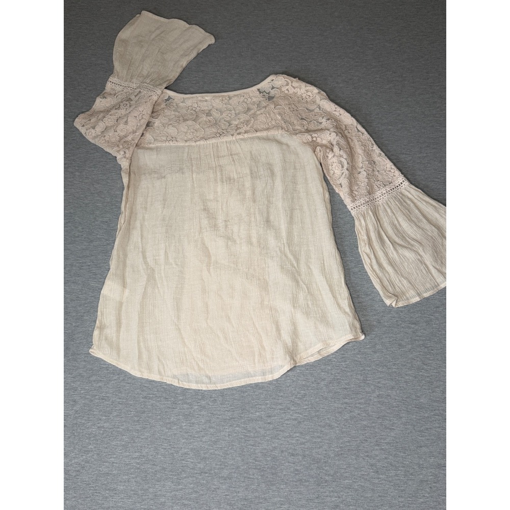 Westport Womens Cream Lace Bell Sleeve Boho Blouse Small Crinkle Split Neck Top - Picture 4 of 7